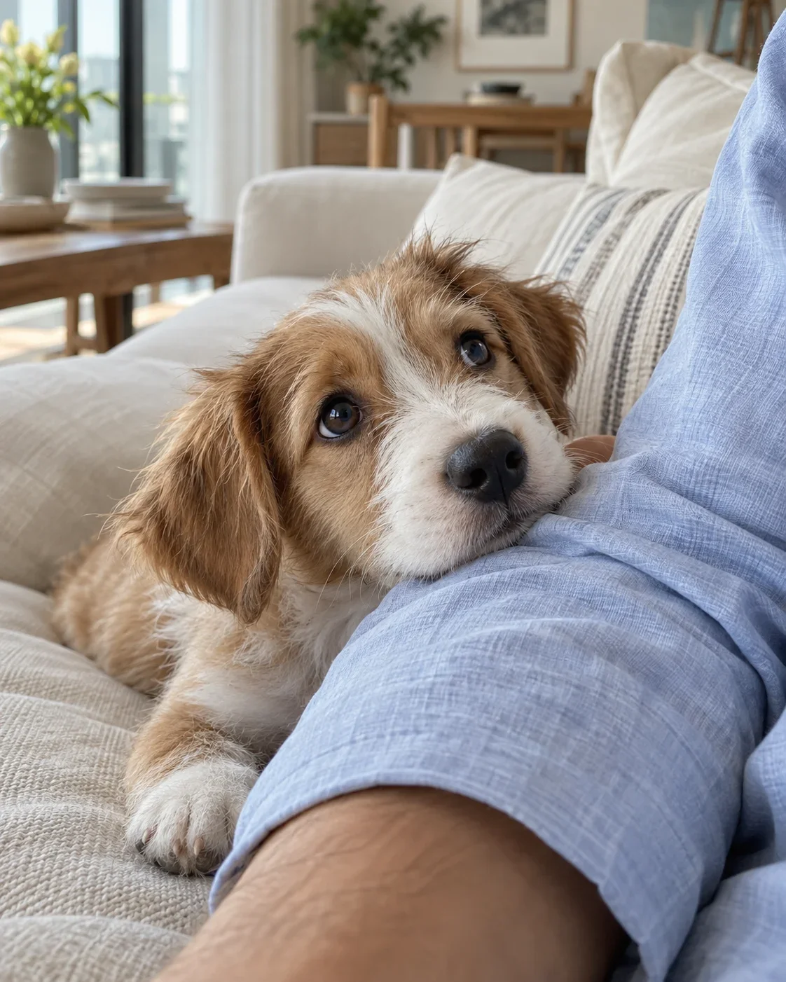 Un chiot caramel et blanc pose sa tête sur le bras de son humain, sur un canapé en lin.